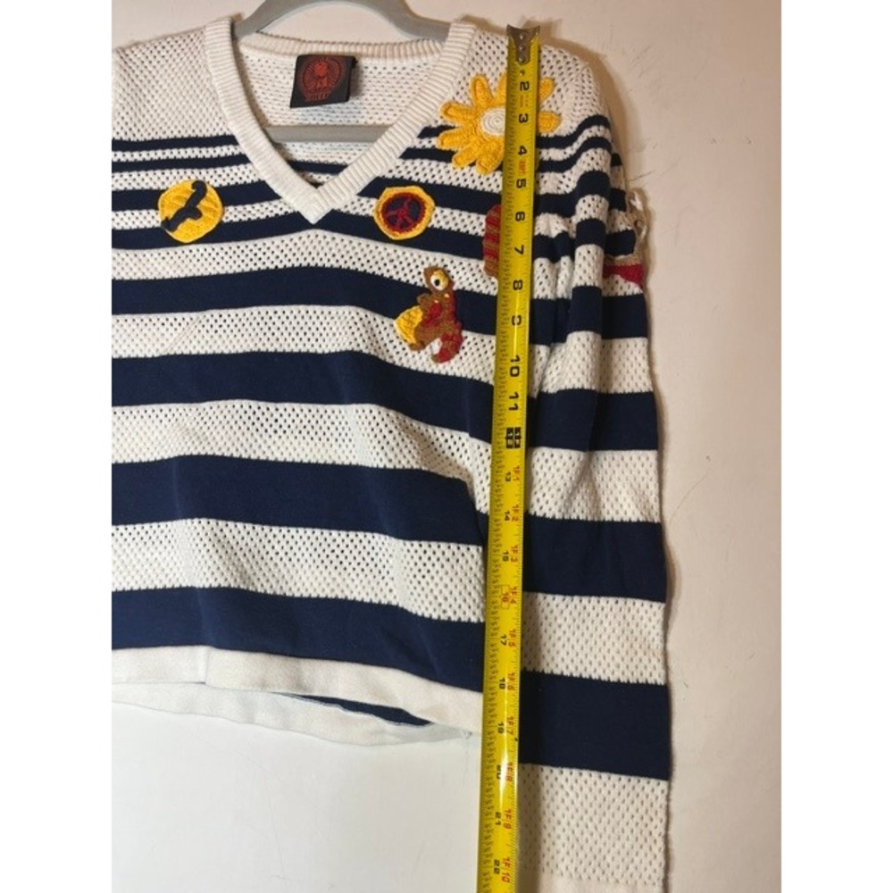 Happy Sheep Women Navy White Striped Cotton Mesh Sweater Crochet Patches Small - Picture 3 of 7